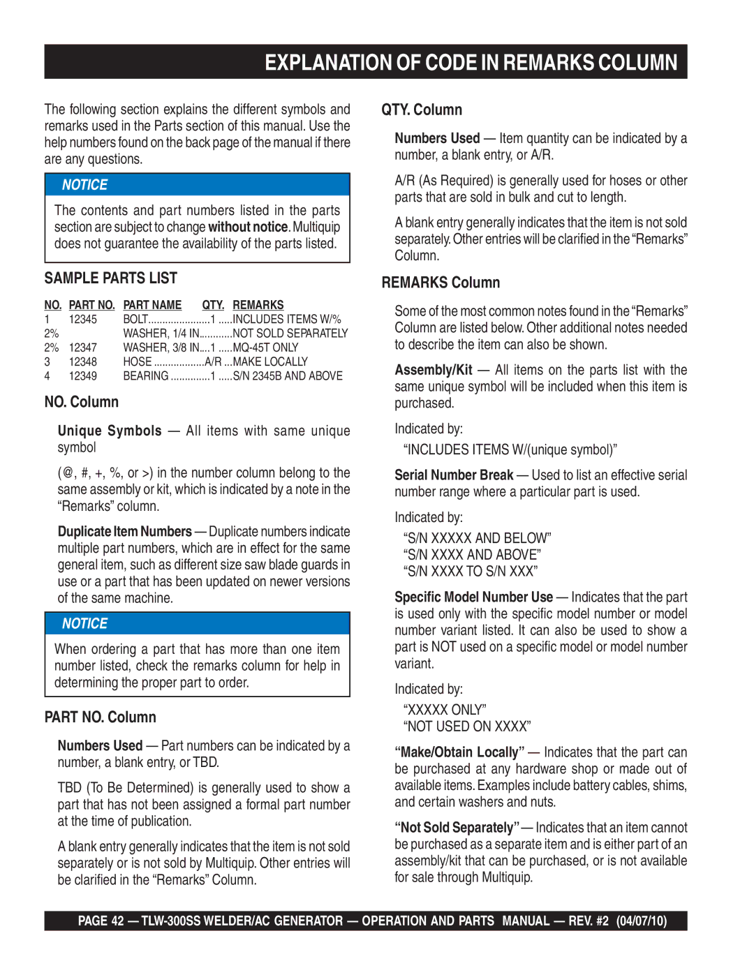 Multiquip TLW-300SS operation manual Explanation of Code in Remarks Column, Xxxxx only Not Used on 