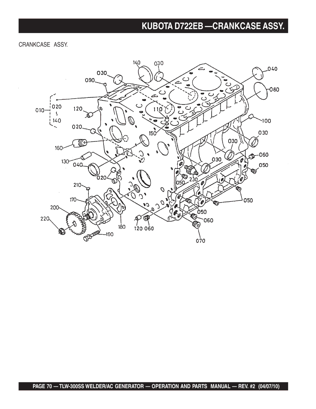 Multiquip TLW-300SS operation manual Kubota D722EB -CRANKCASE Assy, Crankcase Assy 