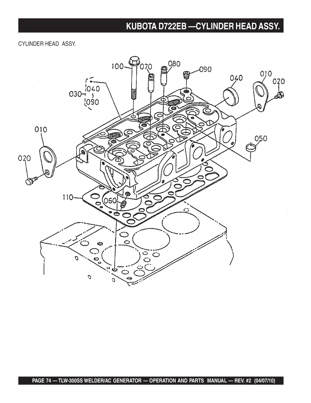 Multiquip TLW-300SS operation manual Kubota D722EB -CYLINDER Head Assy, Cylinder Head Assy 