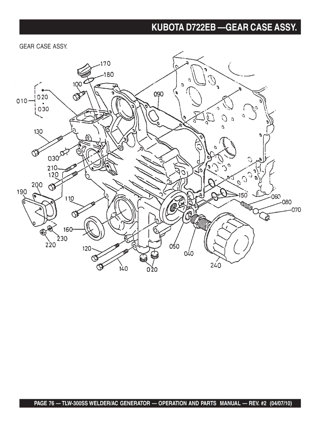 Multiquip TLW-300SS operation manual Kubota D722EB -GEAR Case Assy, Gear Case Assy 