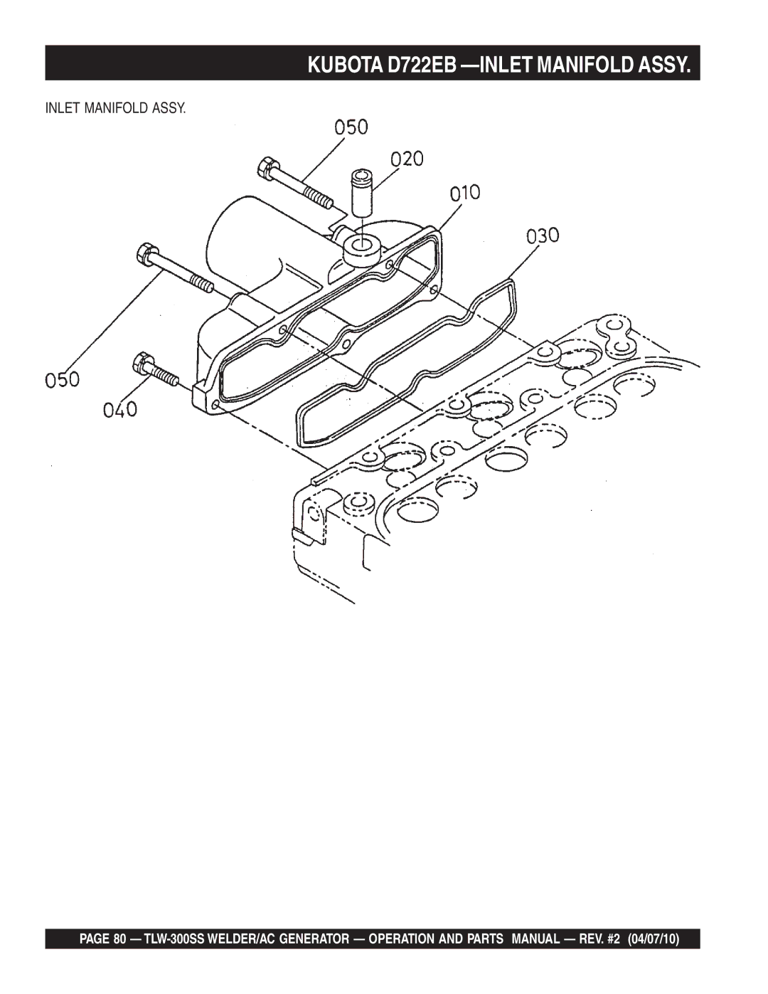 Multiquip TLW-300SS operation manual Kubota D722EB -INLET Manifold Assy, Inlet Manifold Assy 