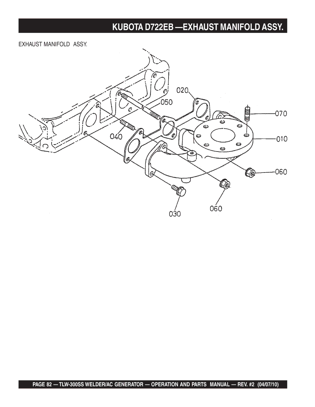 Multiquip TLW-300SS operation manual Kubota D722EB -EXHAUST Manifold Assy, Exhaust Manifold Assy 