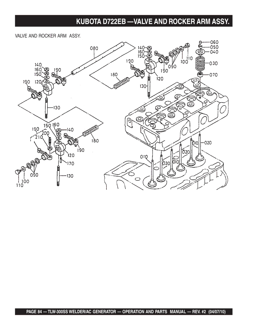 Multiquip TLW-300SS operation manual Kubota D722EB -VALVE and Rocker ARM Assy, Valve and Rocker ARM Assy 