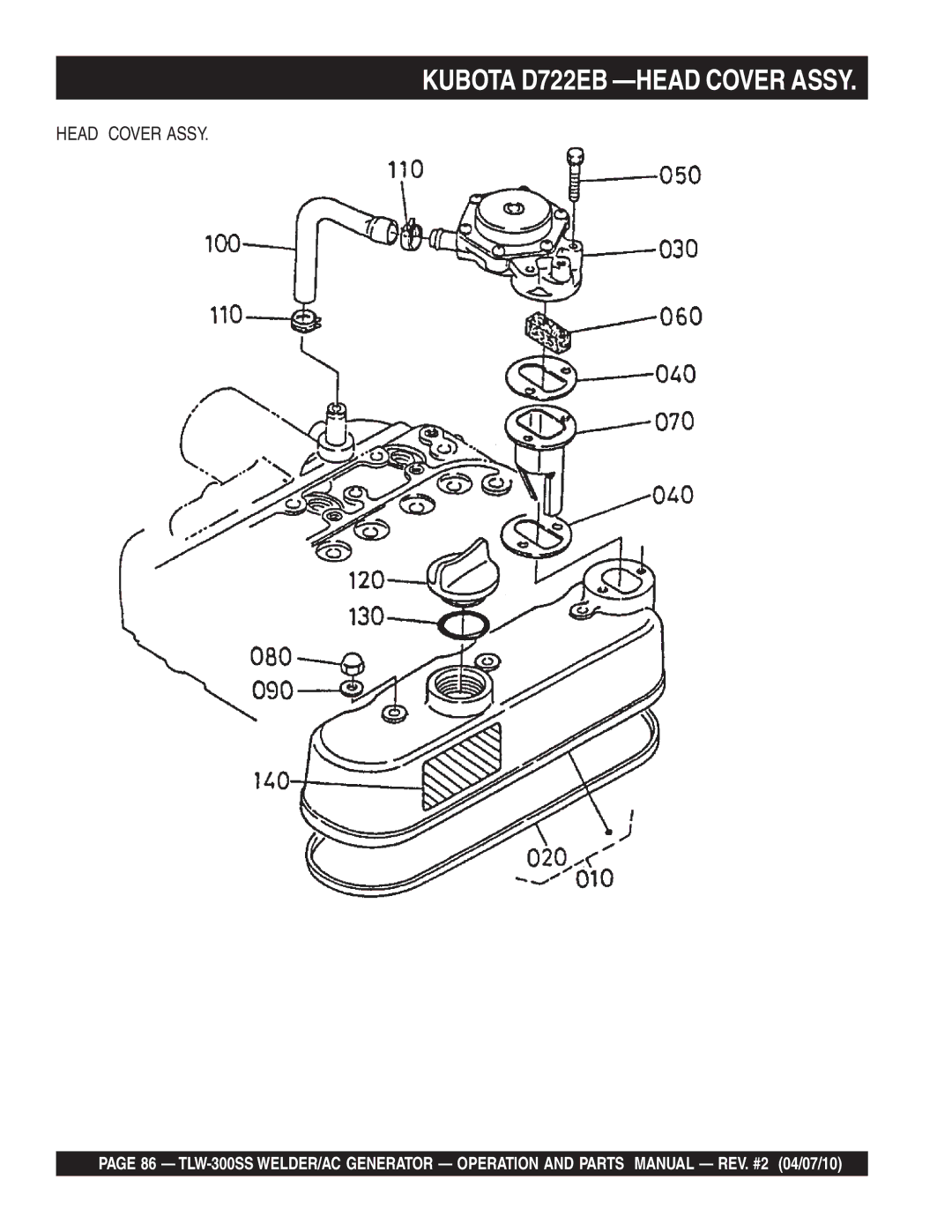 Multiquip TLW-300SS operation manual Kubota D722EB -HEAD Cover Assy, Head Cover Assy 