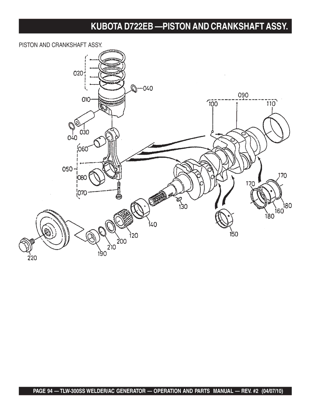 Multiquip TLW-300SS operation manual Kubota D722EB -PISTON and Crankshaft Assy, Piston and Crankshaft Assy 