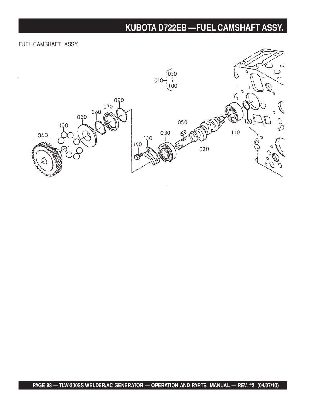 Multiquip TLW-300SS operation manual Kubota D722EB -FUEL Camshaft Assy, Fuel Camshaft Assy 