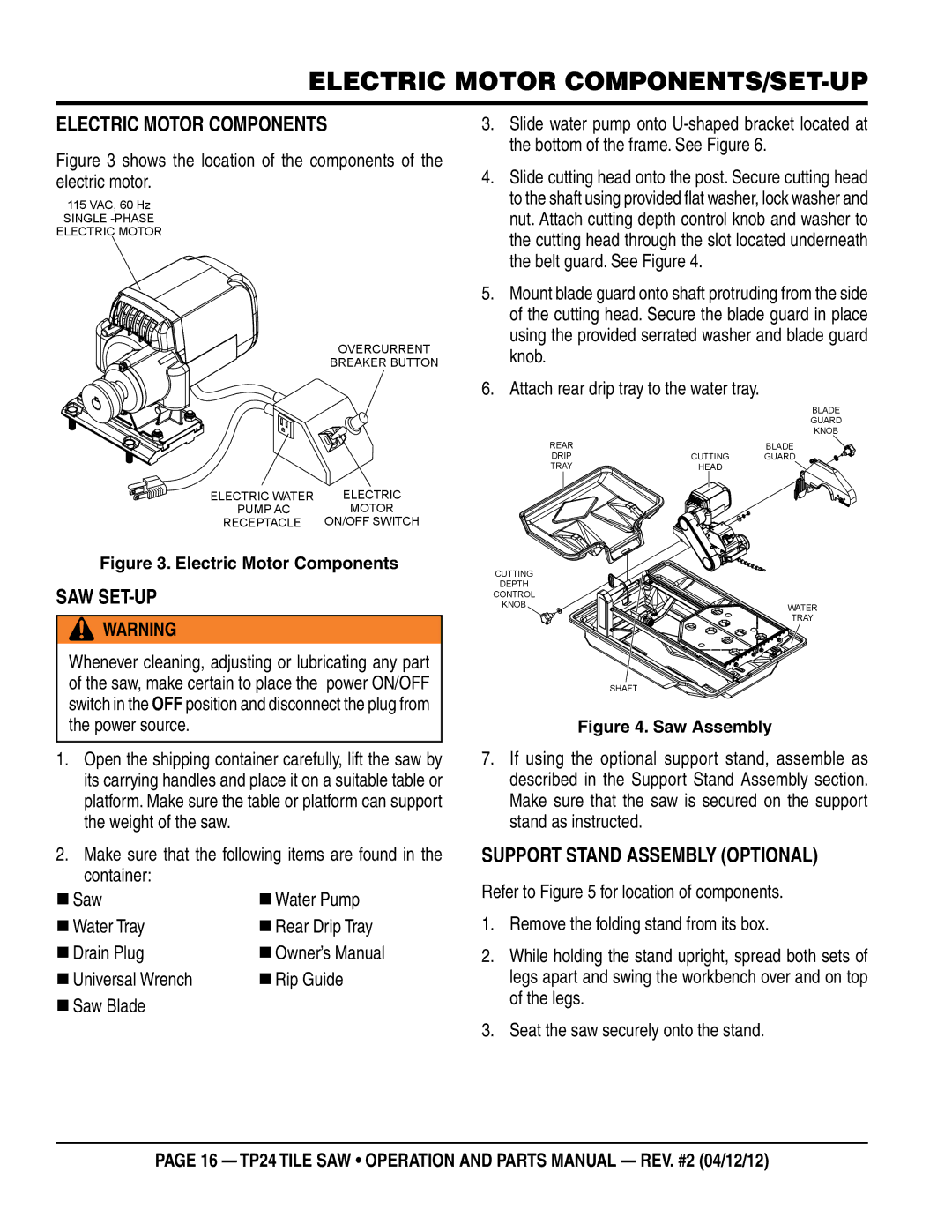 Multiquip tp24 Electric motor components/set-up, Electric Motor Components, Saw Set-Up, Support Stand Assembly Optional 