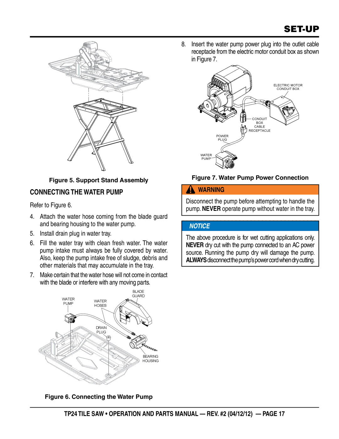 Multiquip tp24 manual Set-up, Connecting the water Pump, Refer to Figure, Install drain plug in water tray 