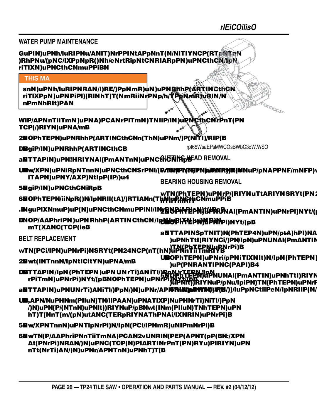 Multiquip tp24 manual Water pump maintenance, Belt replacement, Bearing housing removal 