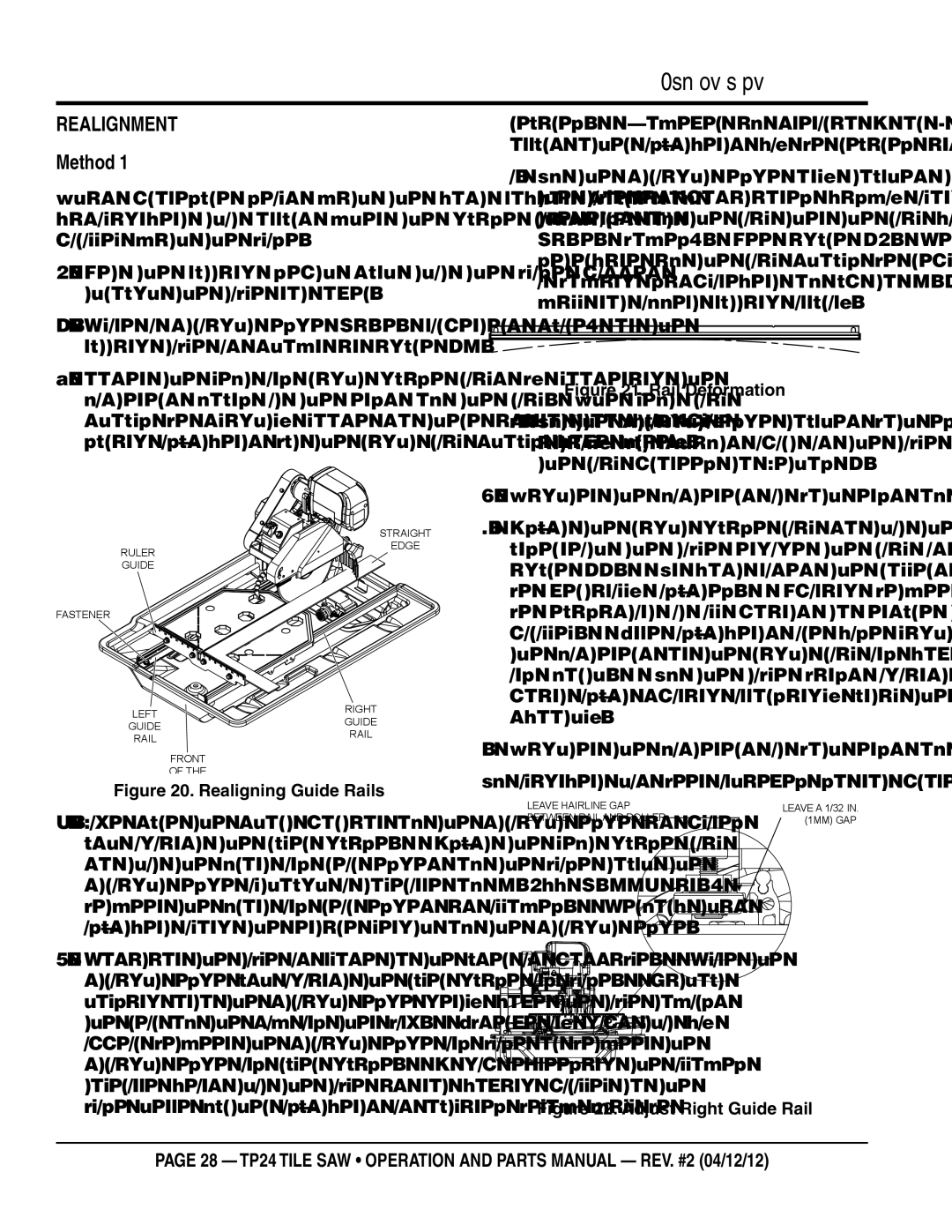 Multiquip tp24 manual Realignment Method, Intially, but shifts apart as the table travels along, Rail, proceed to Method 