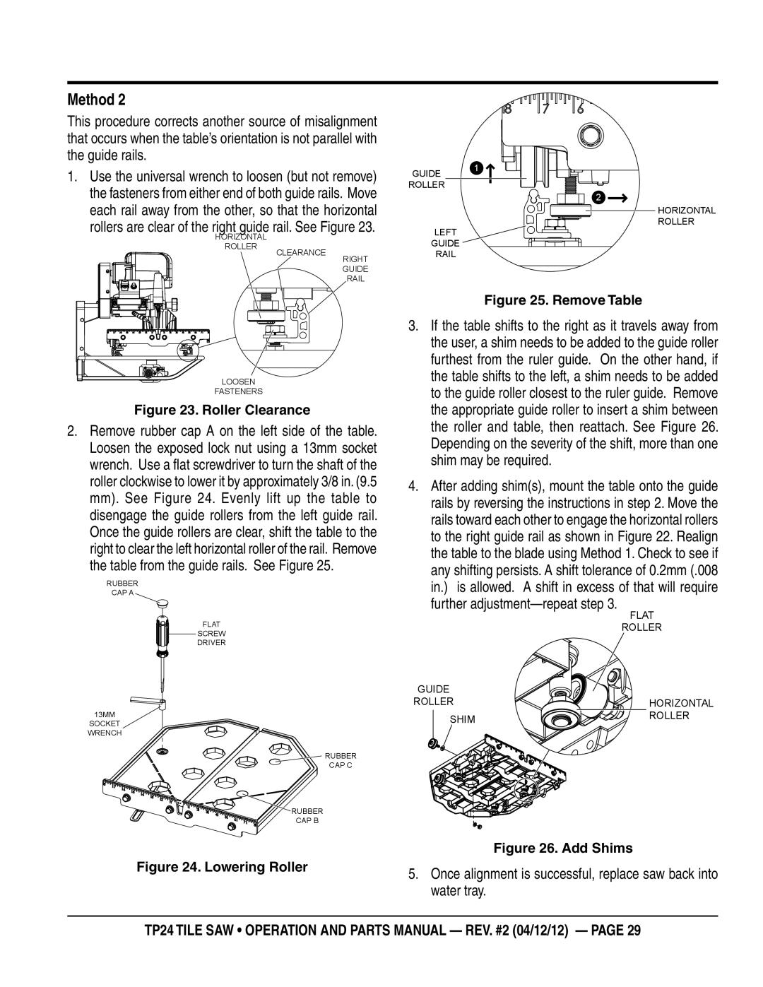 Multiquip tp24 manual Method, Table from the guide rails. See Figure, Shim may be required, Further adjustment-repeat step 