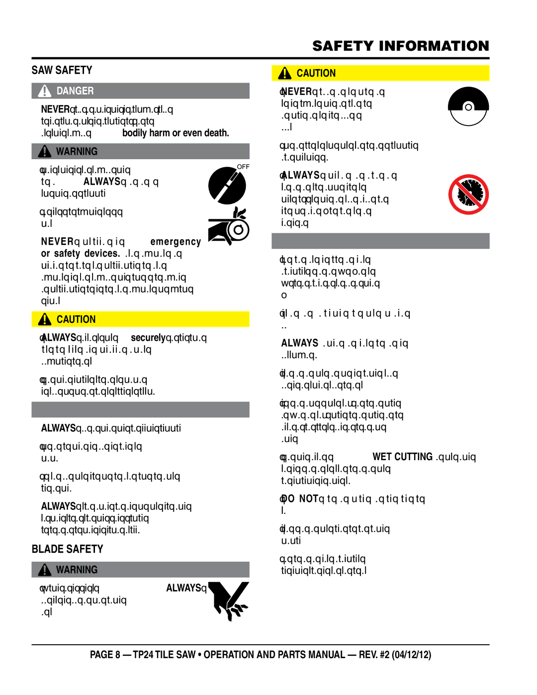 Multiquip tp24 manual SaW SaFeTy, BLade SaFeTy 