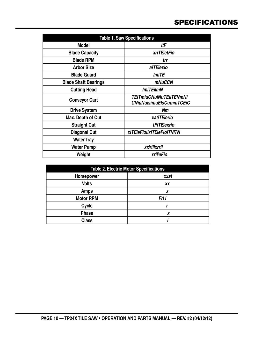 Multiquip TP24X manual Specifications, 3200 