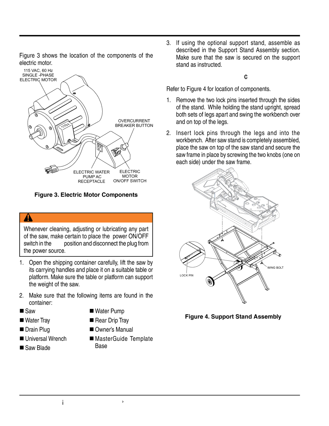 Multiquip TP24X Electric motor components/set-up, Electric Motor Components, Saw set-up, Support Stand Assembly Optional 