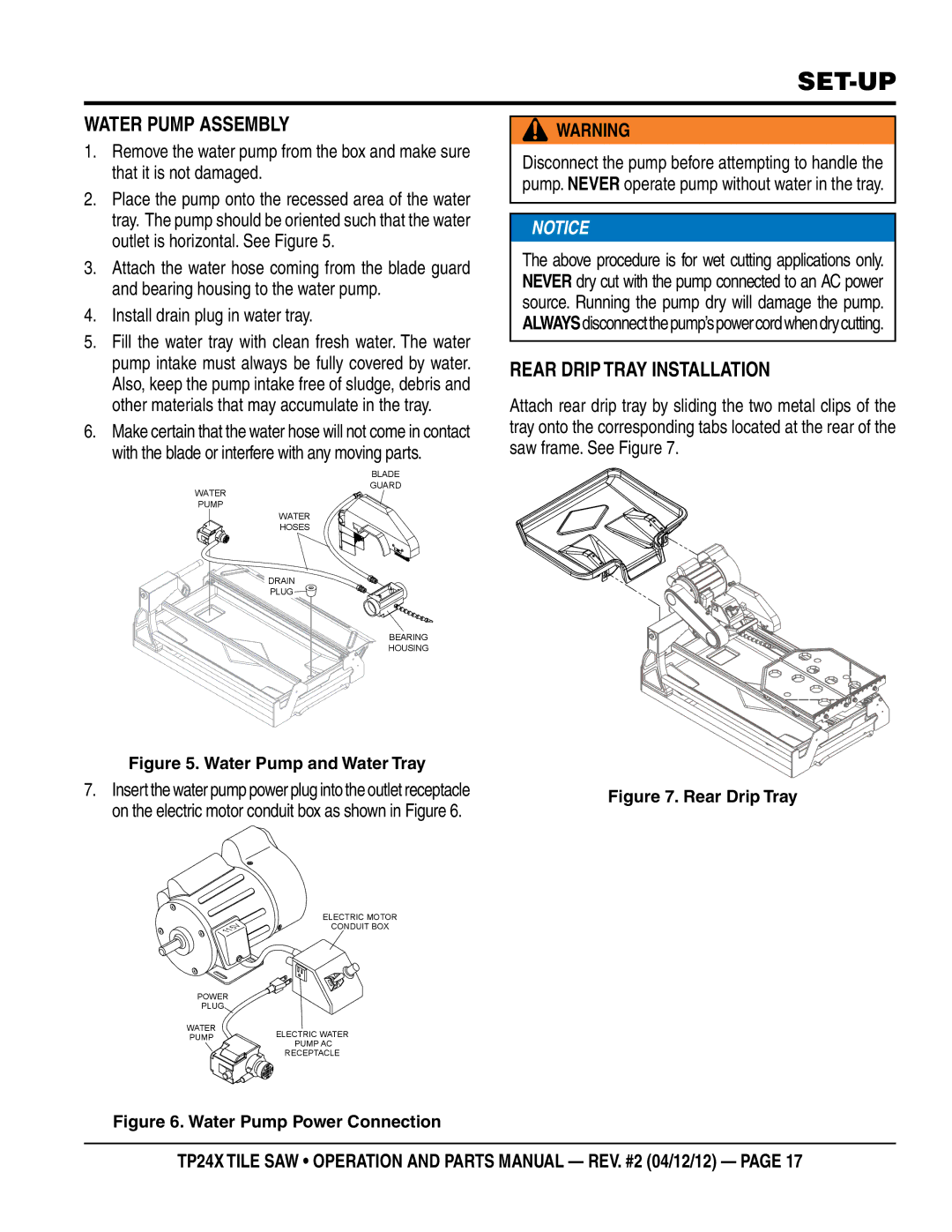 Multiquip TP24X manual Set-up, Water Pump Assembly, Rear drip tray installation 