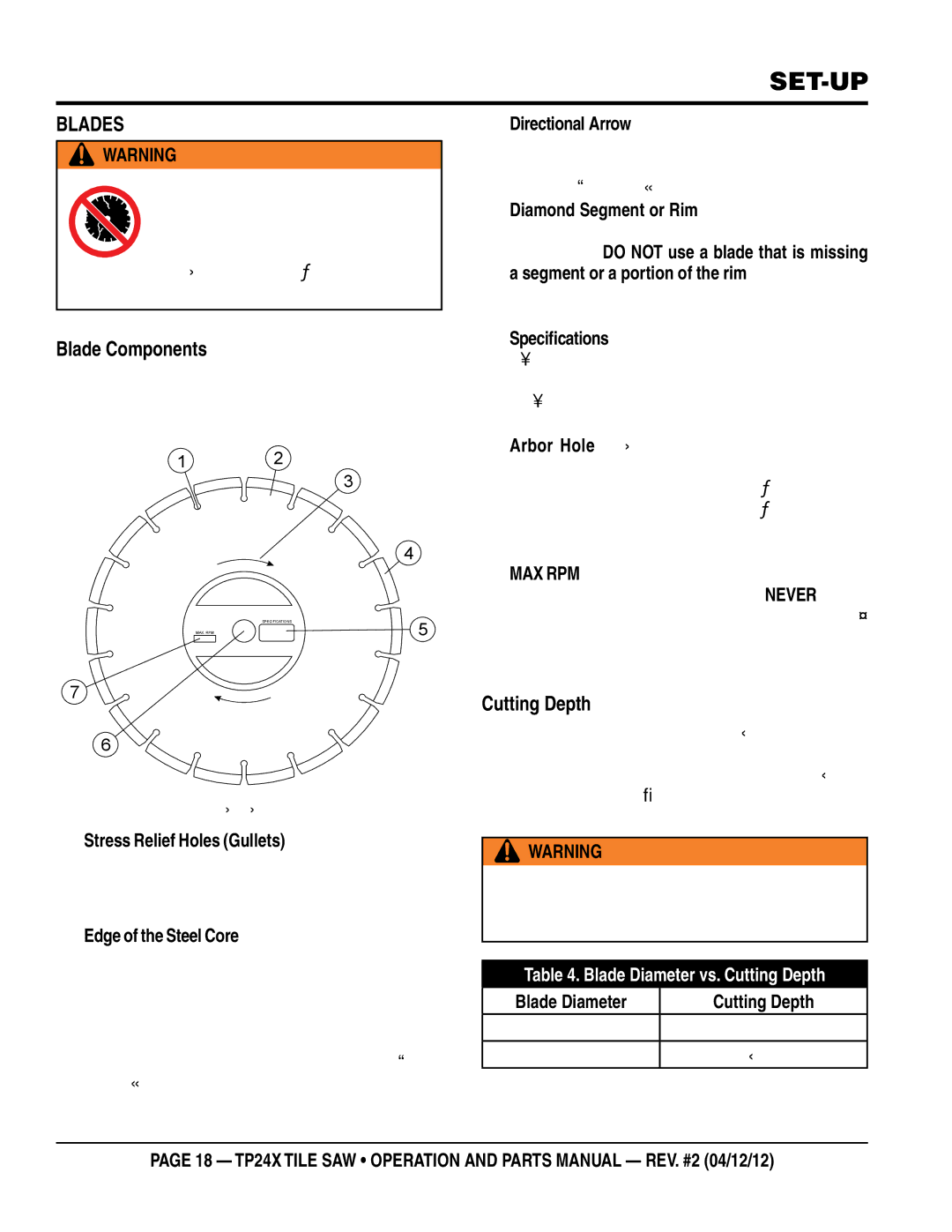 Multiquip TP24X manual Blades, Blade Components, Cutting Depth 