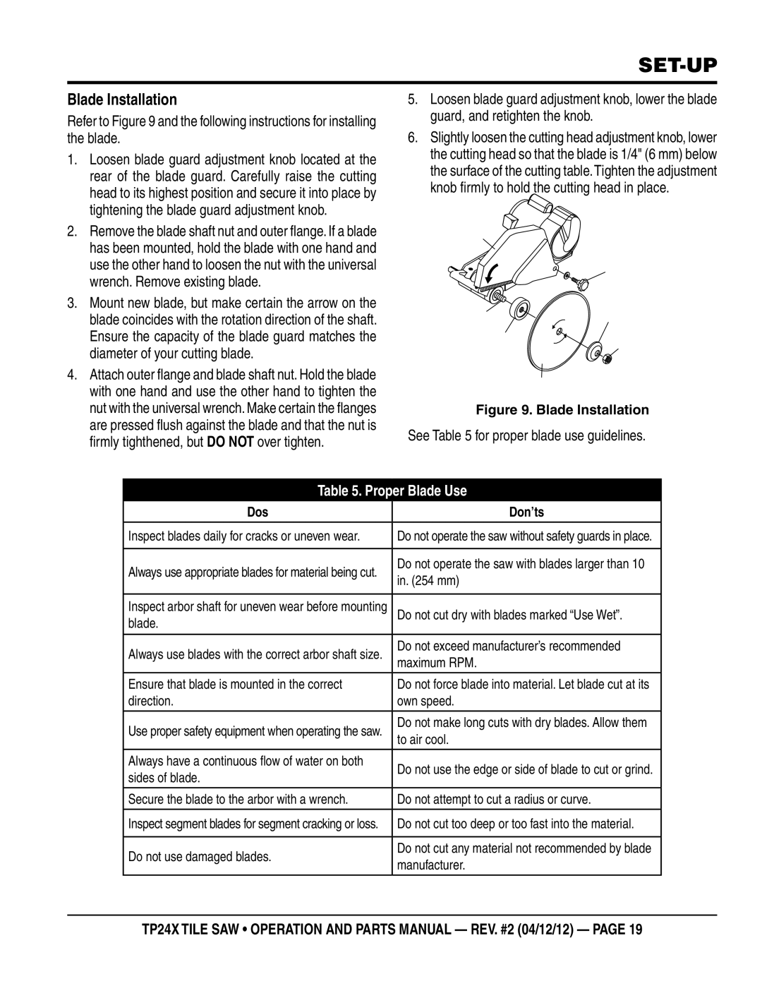 Multiquip TP24X manual Blade Installation, See for proper blade use guidelines 