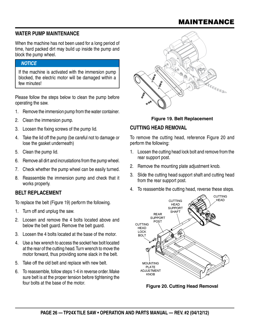 Multiquip TP24X manual Water pump maintenance, Belt replacement, Take off the old belt and replace with new belt 