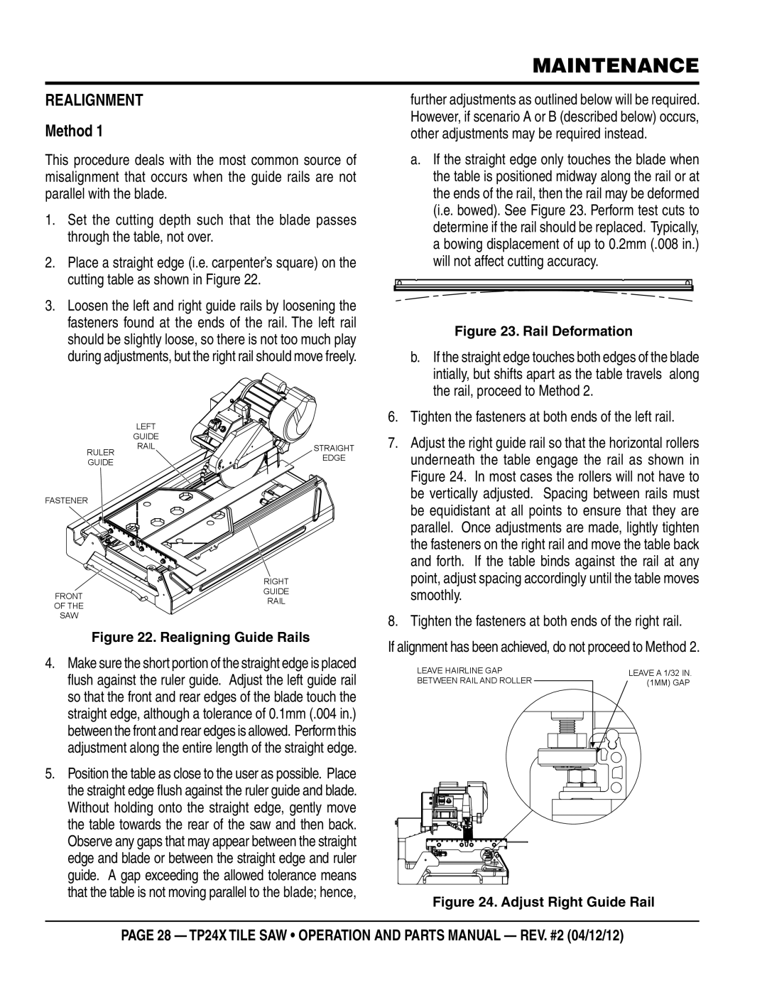 Multiquip TP24X manual Realignment Method, Intially, but shifts apart as the table travels along, Rail, proceed to Method 