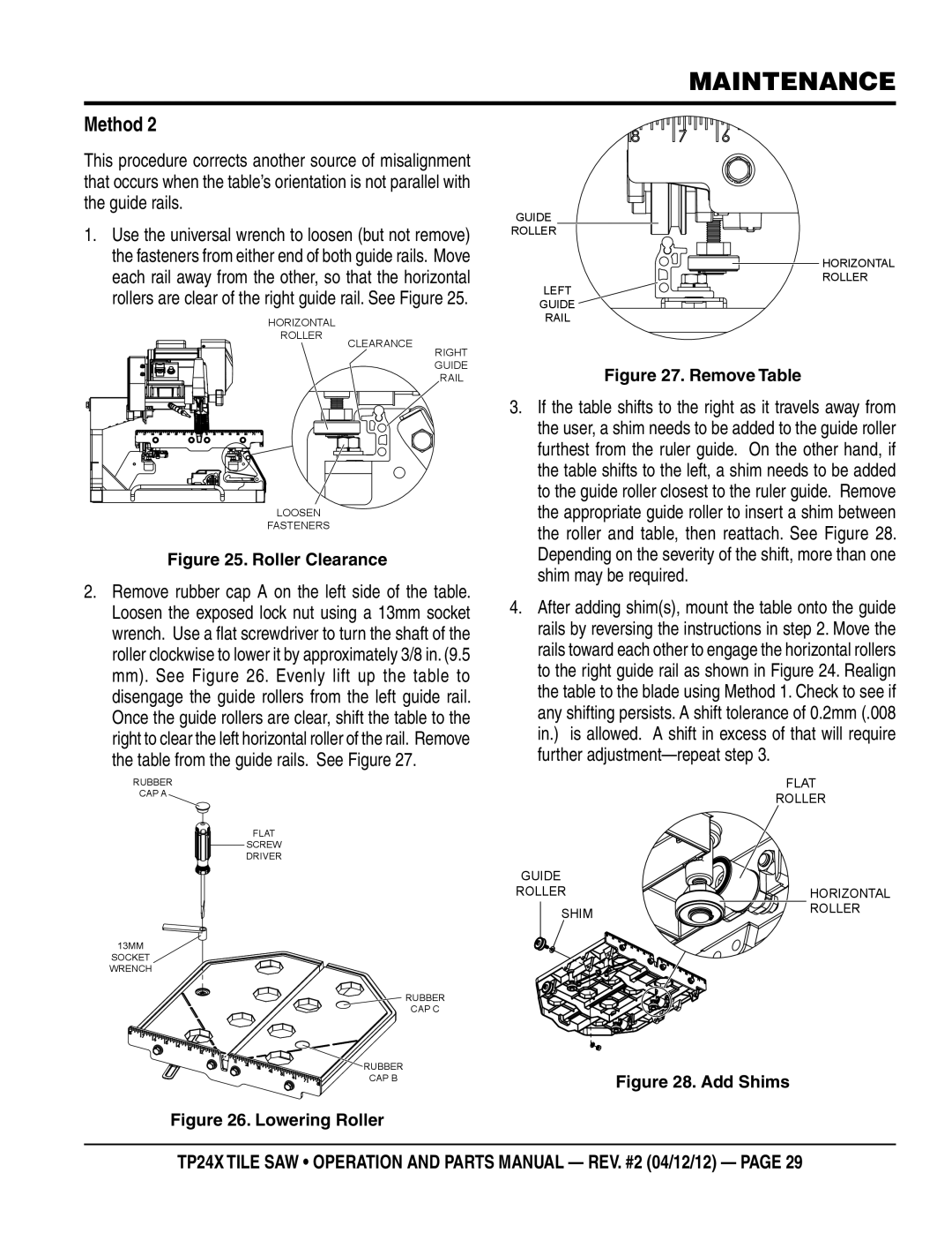 Multiquip TP24X manual Method, Table from the guide rails. See Figure, Shim may be required, Further adjustment-repeat step 