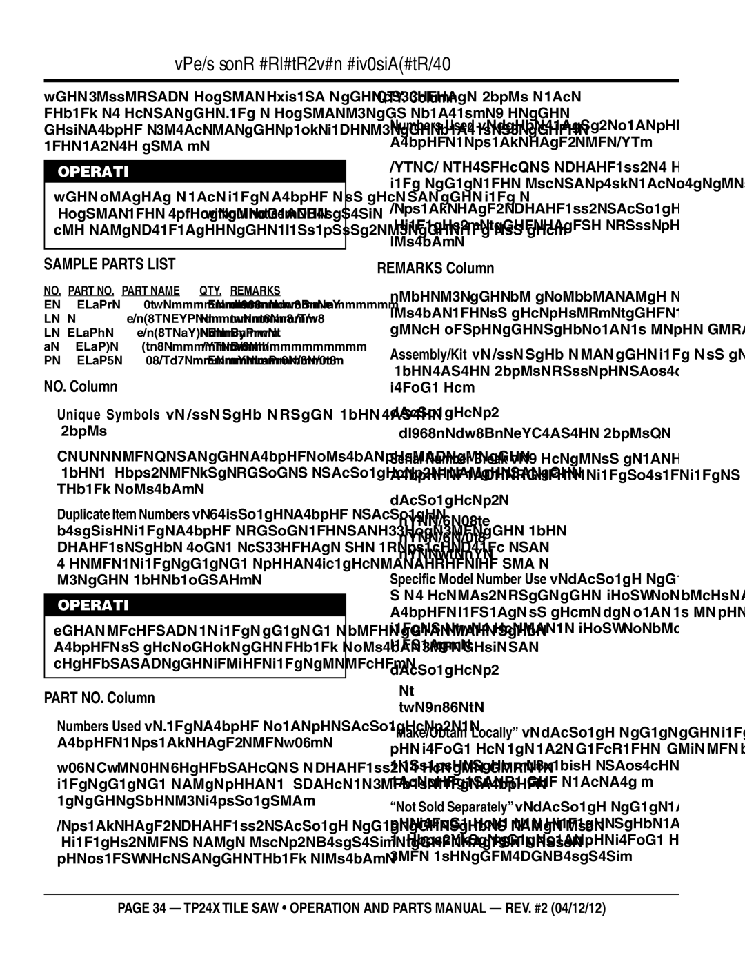 Multiquip TP24X manual Explanation of Code in Remarks Column 