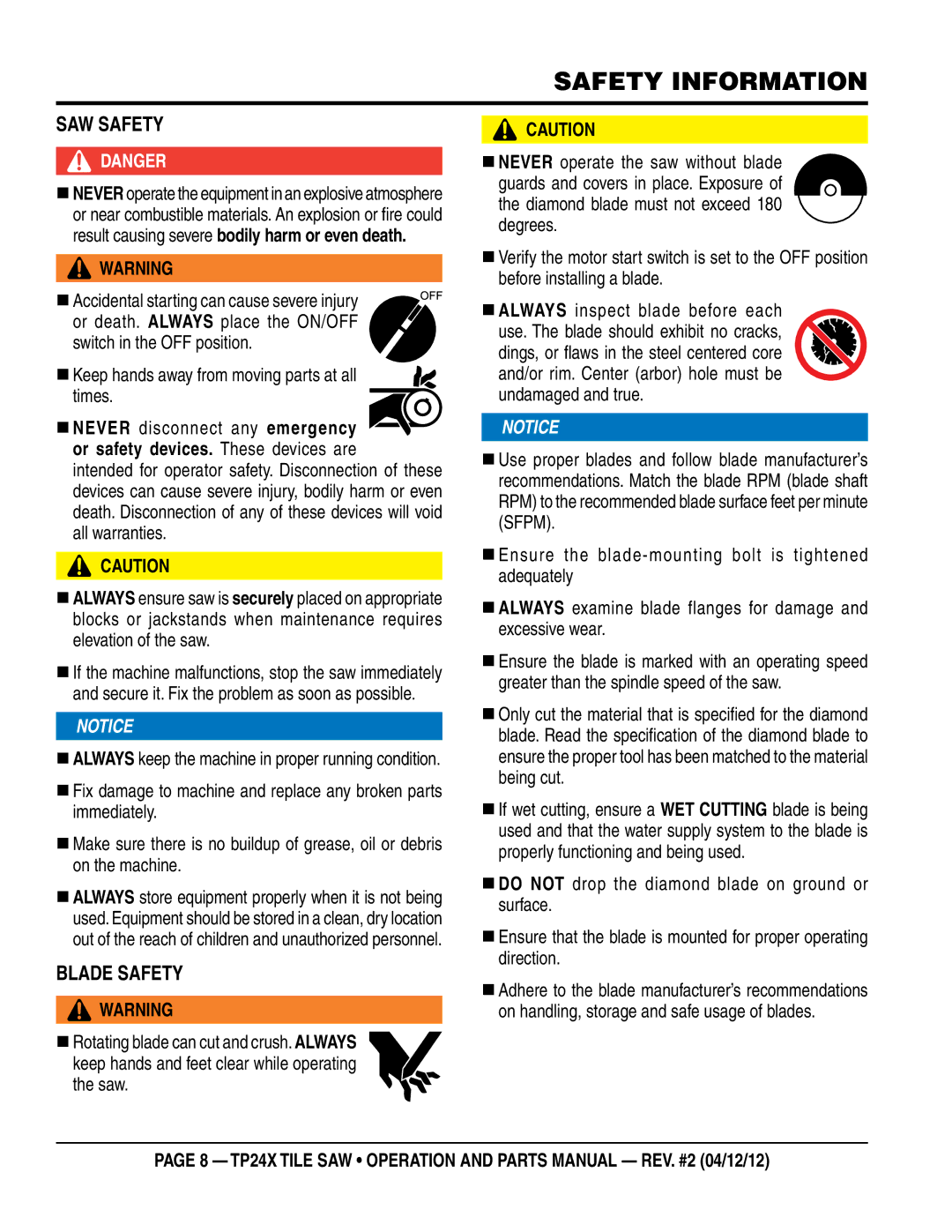 Multiquip TP24X manual SaW SaFeTy, BLade SaFeTy 