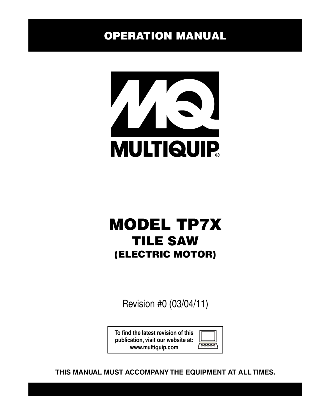 Multiquip operation manual Model TP7X 