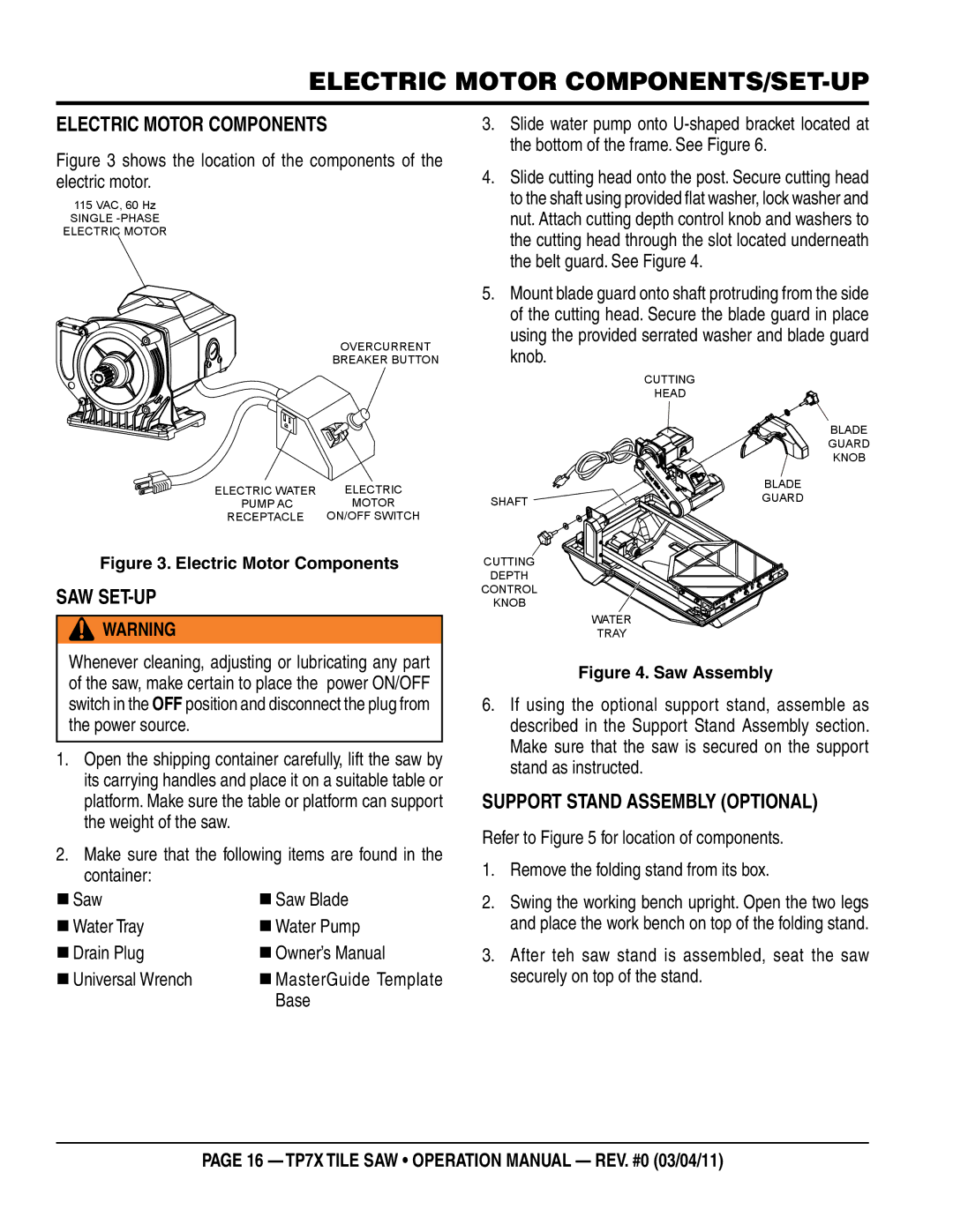 Multiquip TP7X Electric motor components/set-up, Electric Motor Components, Saw Set-Up, Support Stand Assembly Optional 