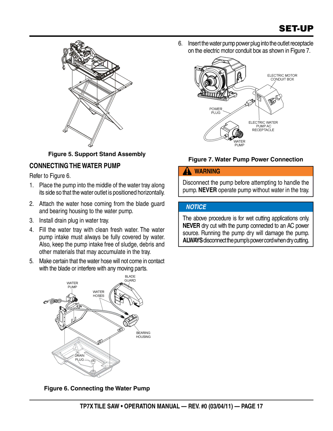 Multiquip TP7X operation manual Set-up, Connecting the water Pump, Refer to Figure, Install drain plug in water tray 