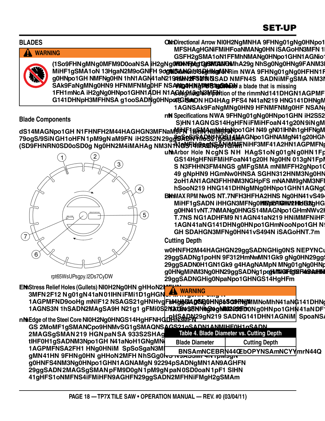 Multiquip TP7X operation manual Blades, Blade Components, Blade Diameter vs. Cutting Depth 