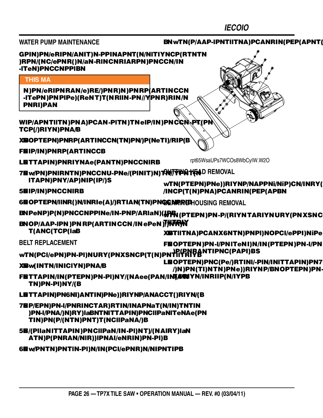 Multiquip TP7X operation manual Water pump maintenance, Belt Replacement, Bearing housing removal 