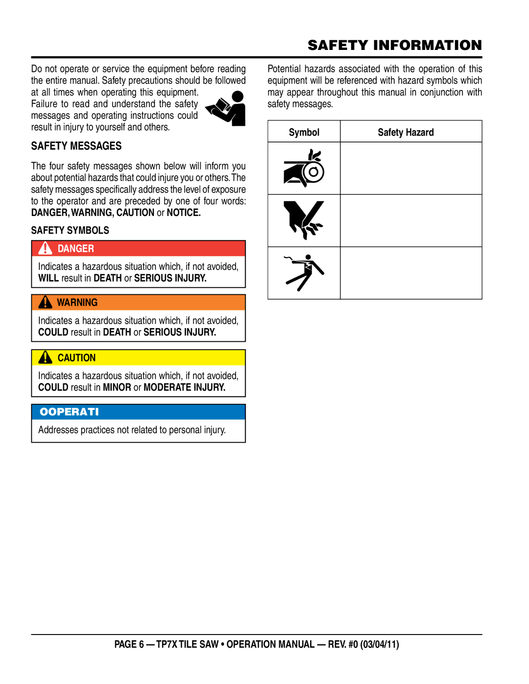 Multiquip TP7X operation manual Safety Information, SaFeTy meSSageS 