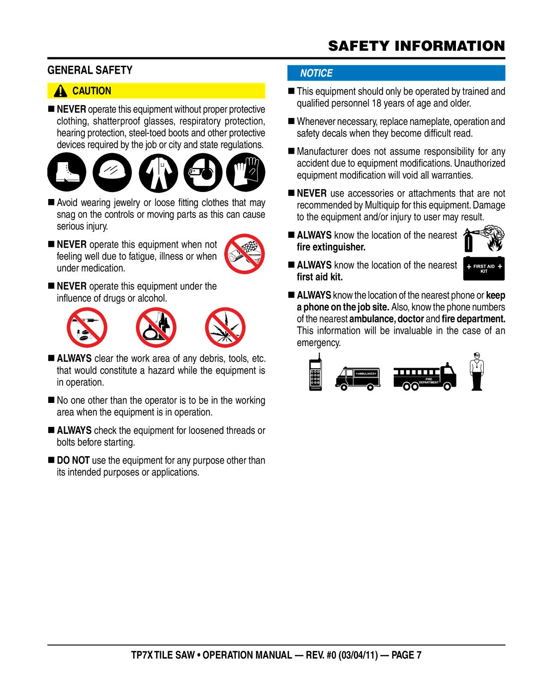 Multiquip TP7X operation manual GeneraL SaFeTy 