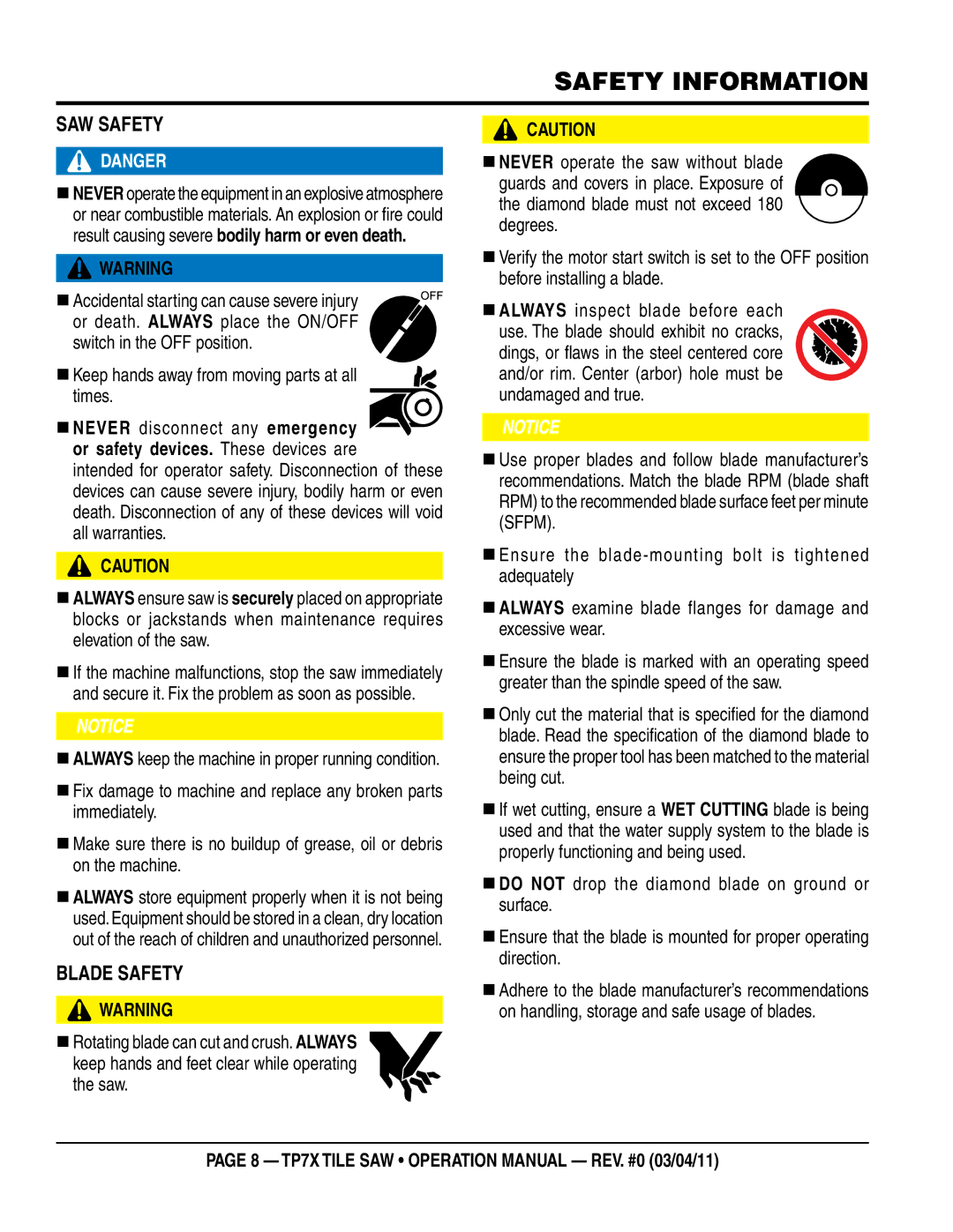 Multiquip TP7X operation manual SaW SaFeTy, BLaDe SaFeTy 