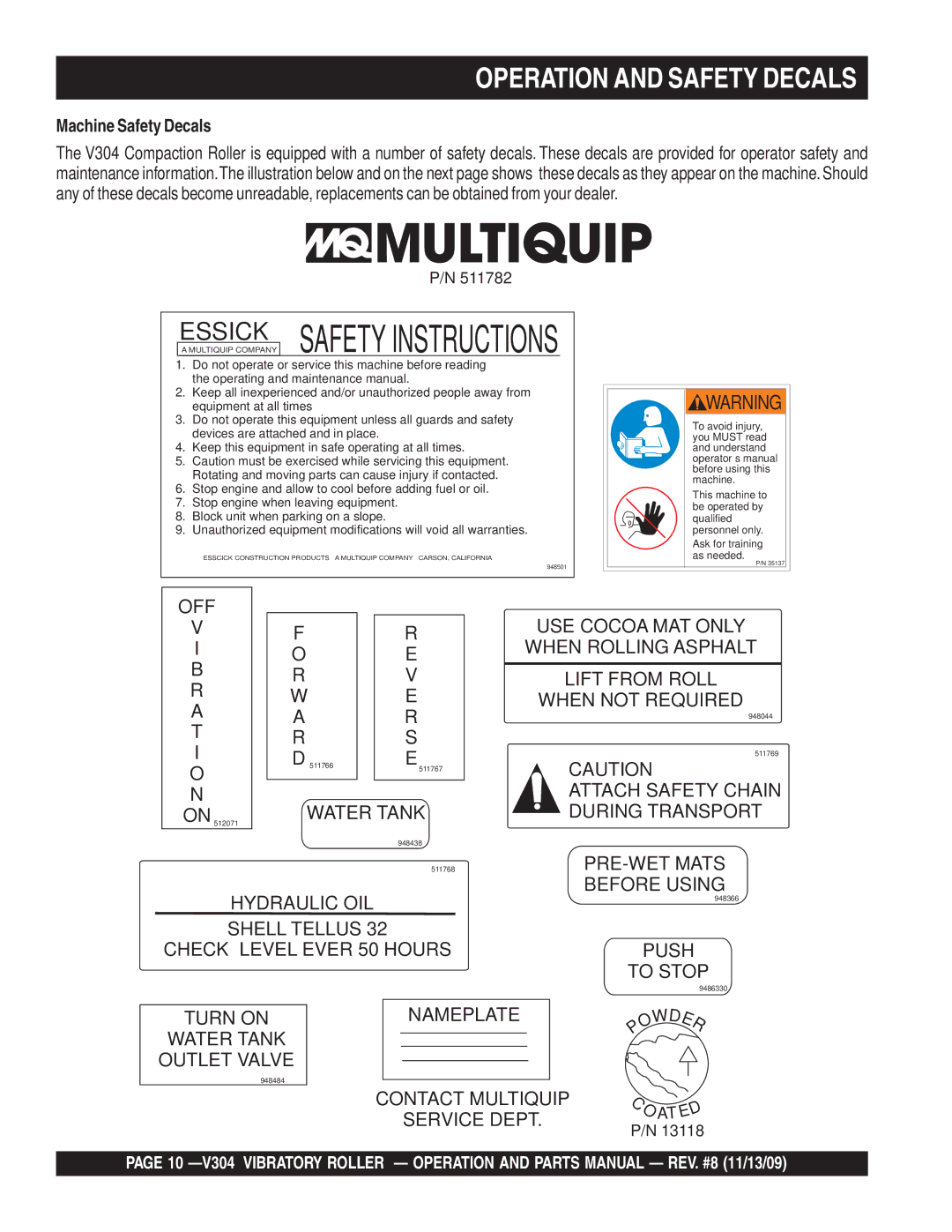 Multiquip V304 manual Operation and Safety Decals, Machine Safety Decals 