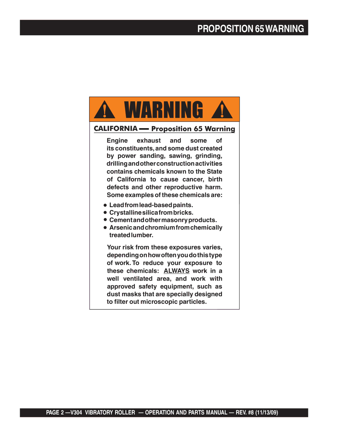 Multiquip V304 manual Proposition 65WARNING 