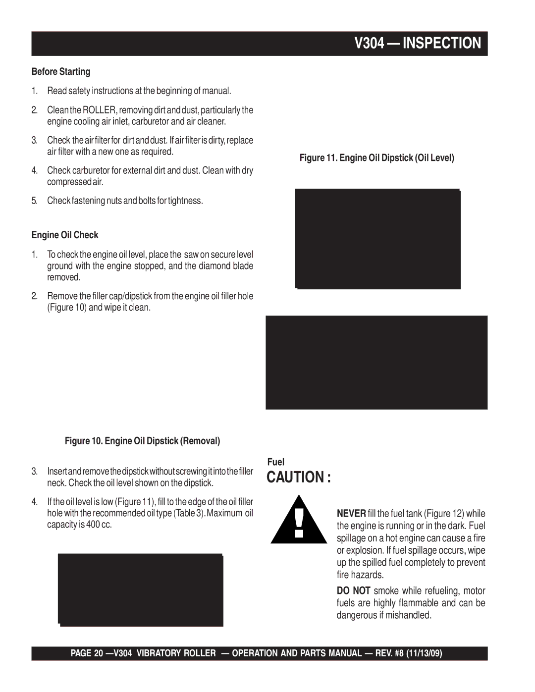 Multiquip manual V304 Inspection, Before Starting, Engine Oil Check, Fuel 