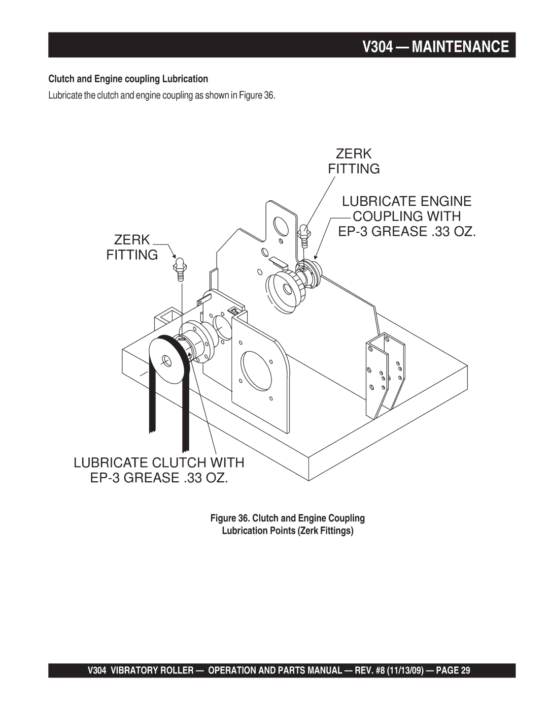 Multiquip V304 manual Clutch and Engine coupling Lubrication, Clutch and Engine Coupling Lubrication Points Zerk Fittings 