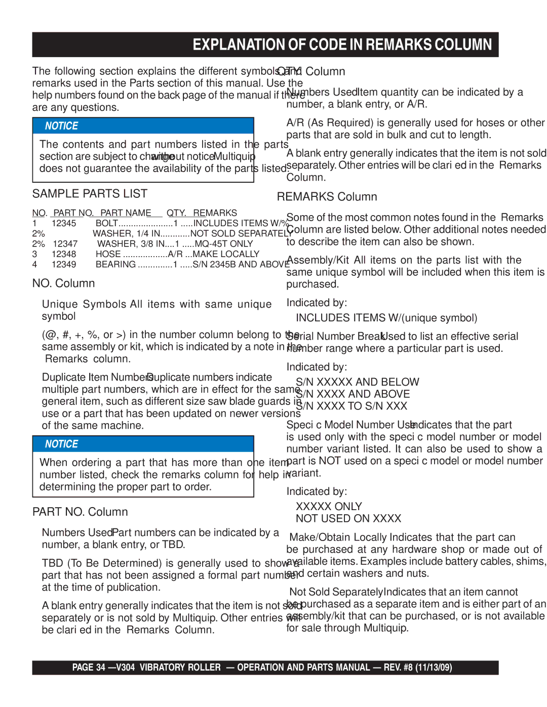 Multiquip V304 manual Explanation of Code in Remarks Column 