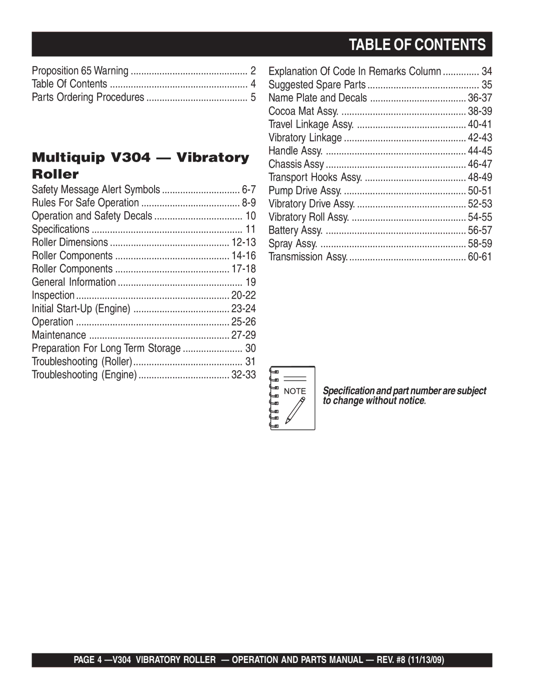 Multiquip V304 manual Table of Contents 