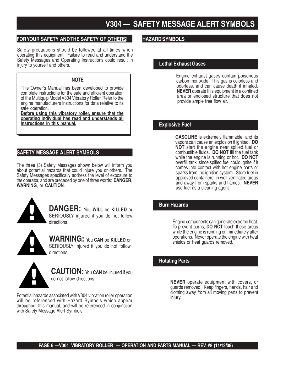 Multiquip manual V304 Safety Message Alert Symbols 