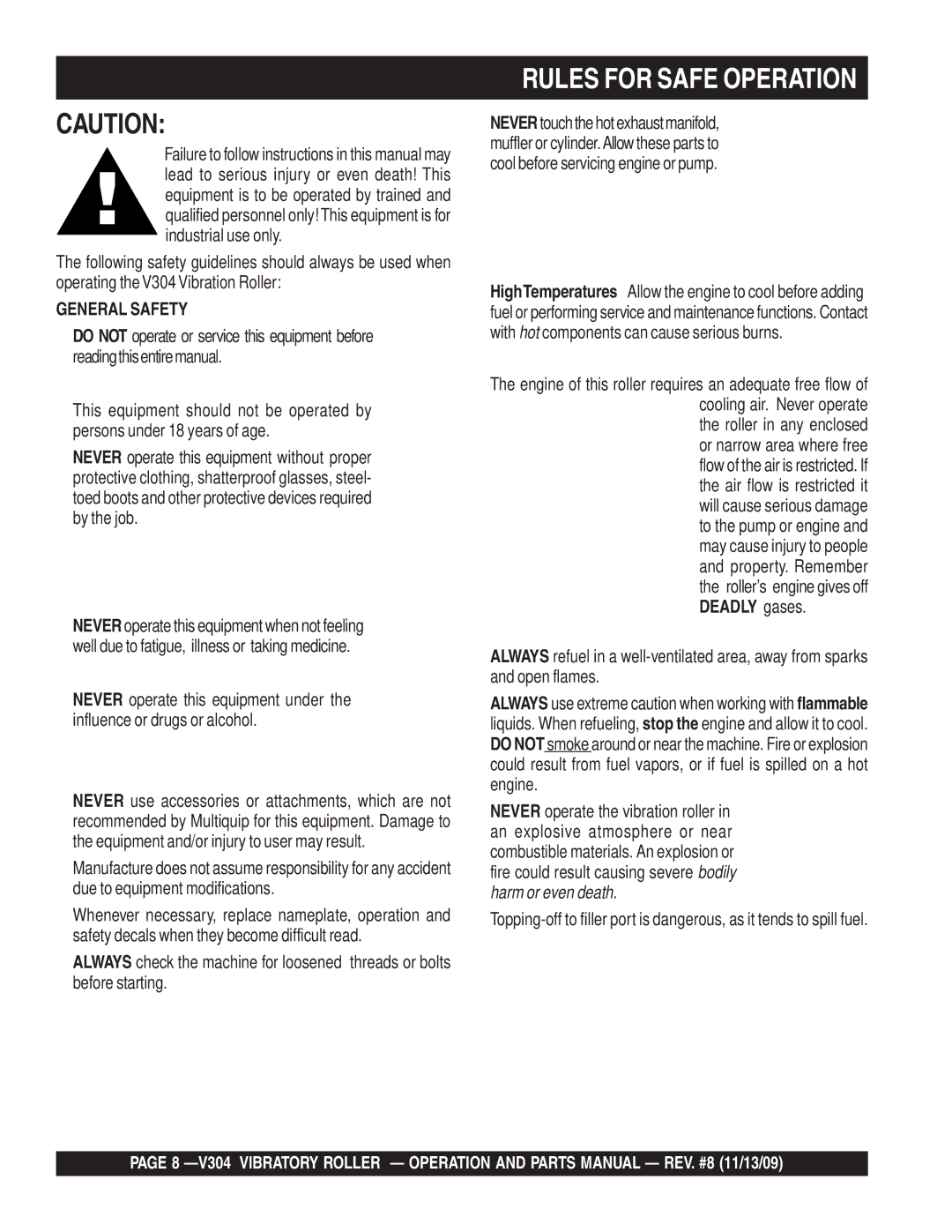 Multiquip V304 manual Rules for Safe Operation, General Safety 