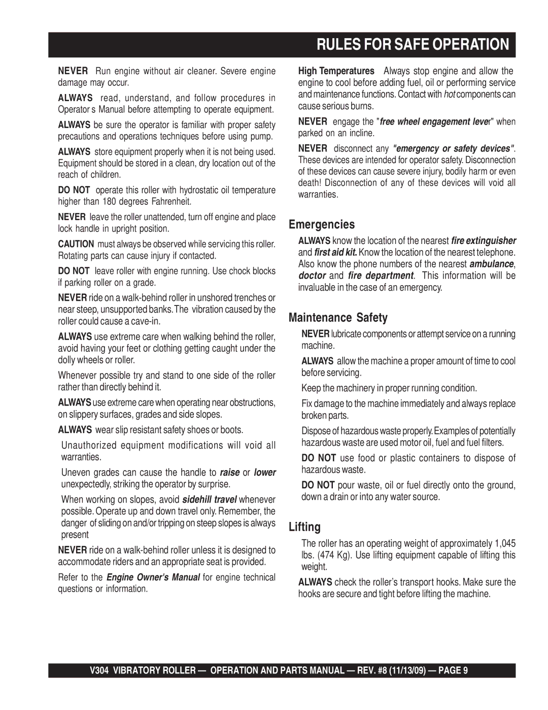 Multiquip V304 manual Rules for Safe Operation 