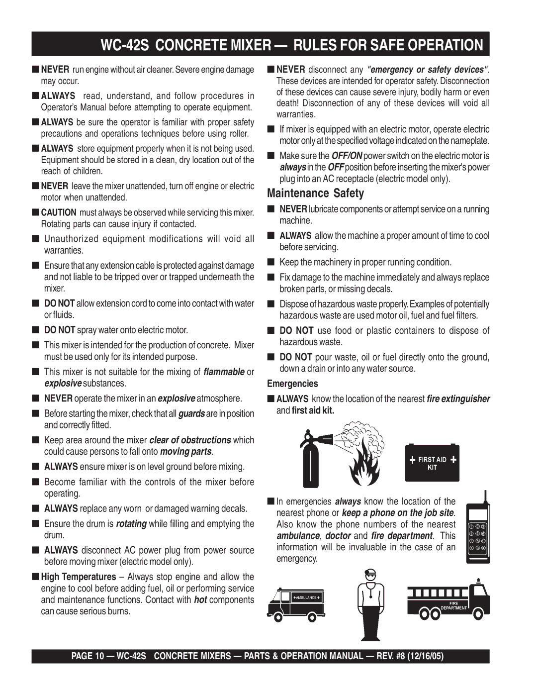 Multiquip manual WC-42S Concrete Mixer Rules for Safe Operation, Emergencies 