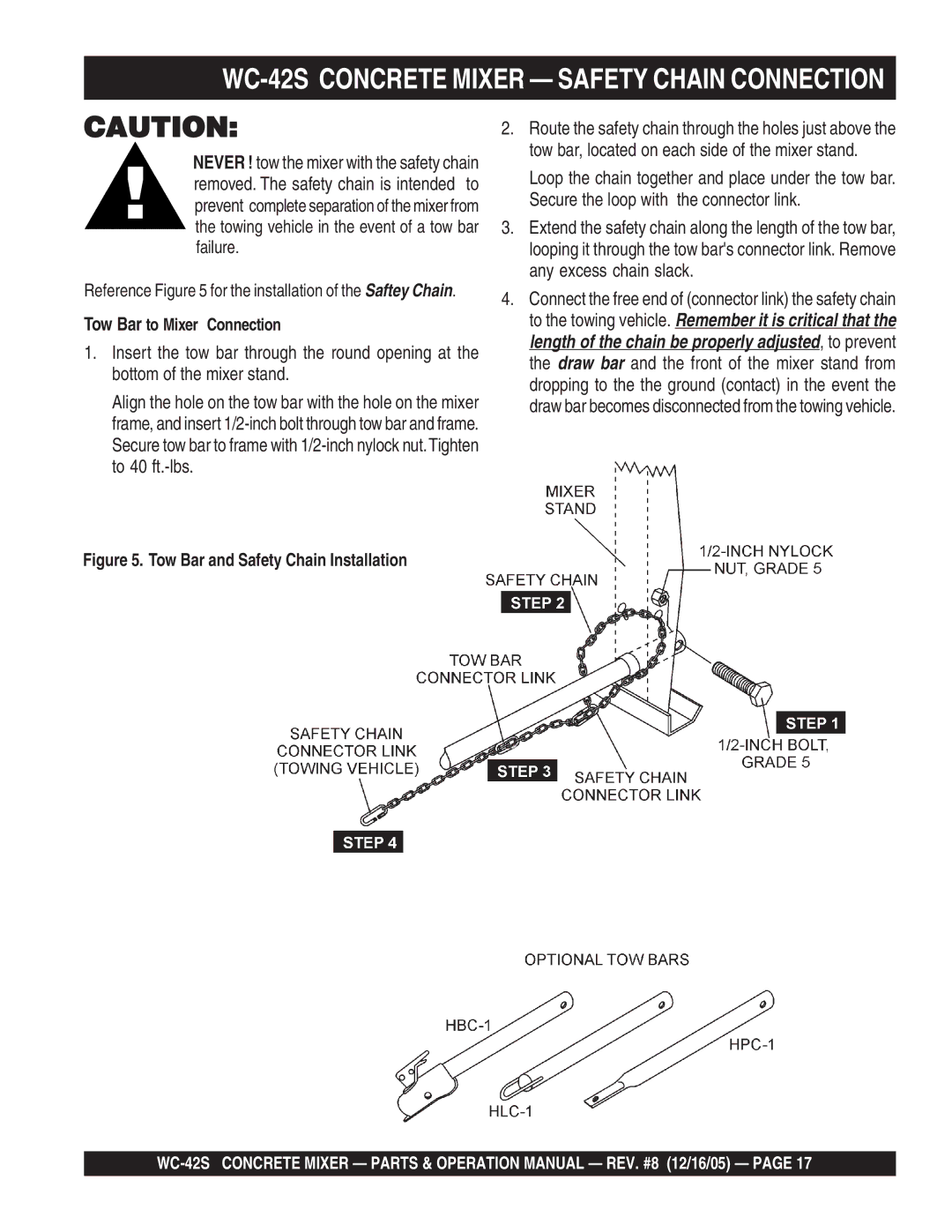 Multiquip WC-42S manual Tow Bar to Mixer Connection, Tow Bar and Safety Chain Installation 