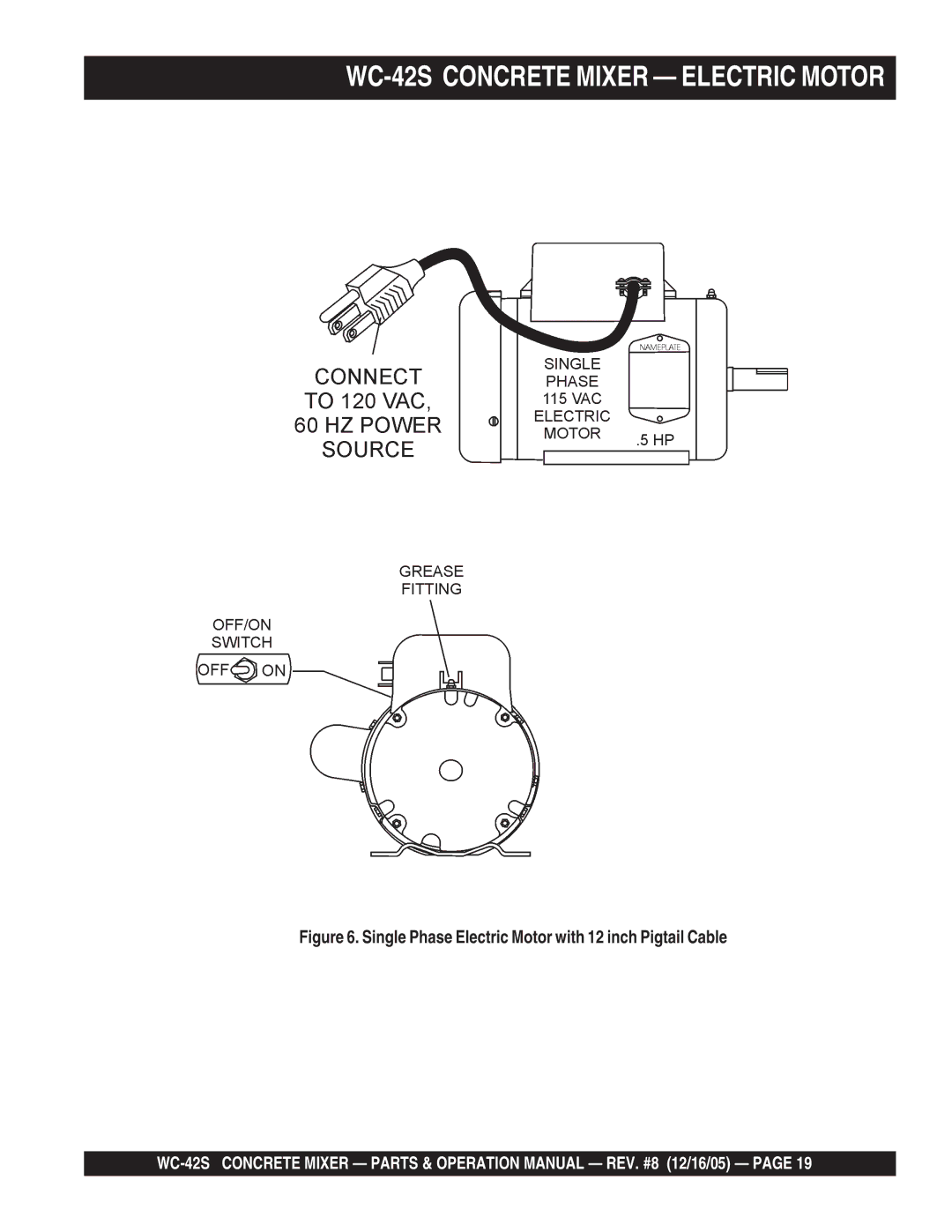 Multiquip manual WC-42S Concrete Mixer Electric Motor, Single Phase Electric Motor with 12 inch Pigtail Cable 