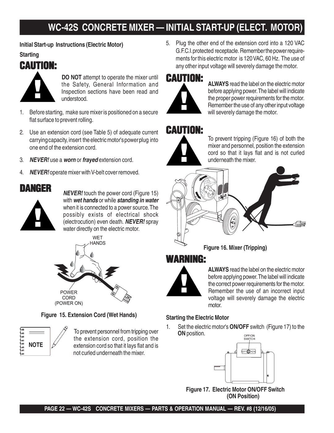 Multiquip WC-42S manual Initial Start-up Instructions Electric Motor Starting, Starting the Electric Motor 