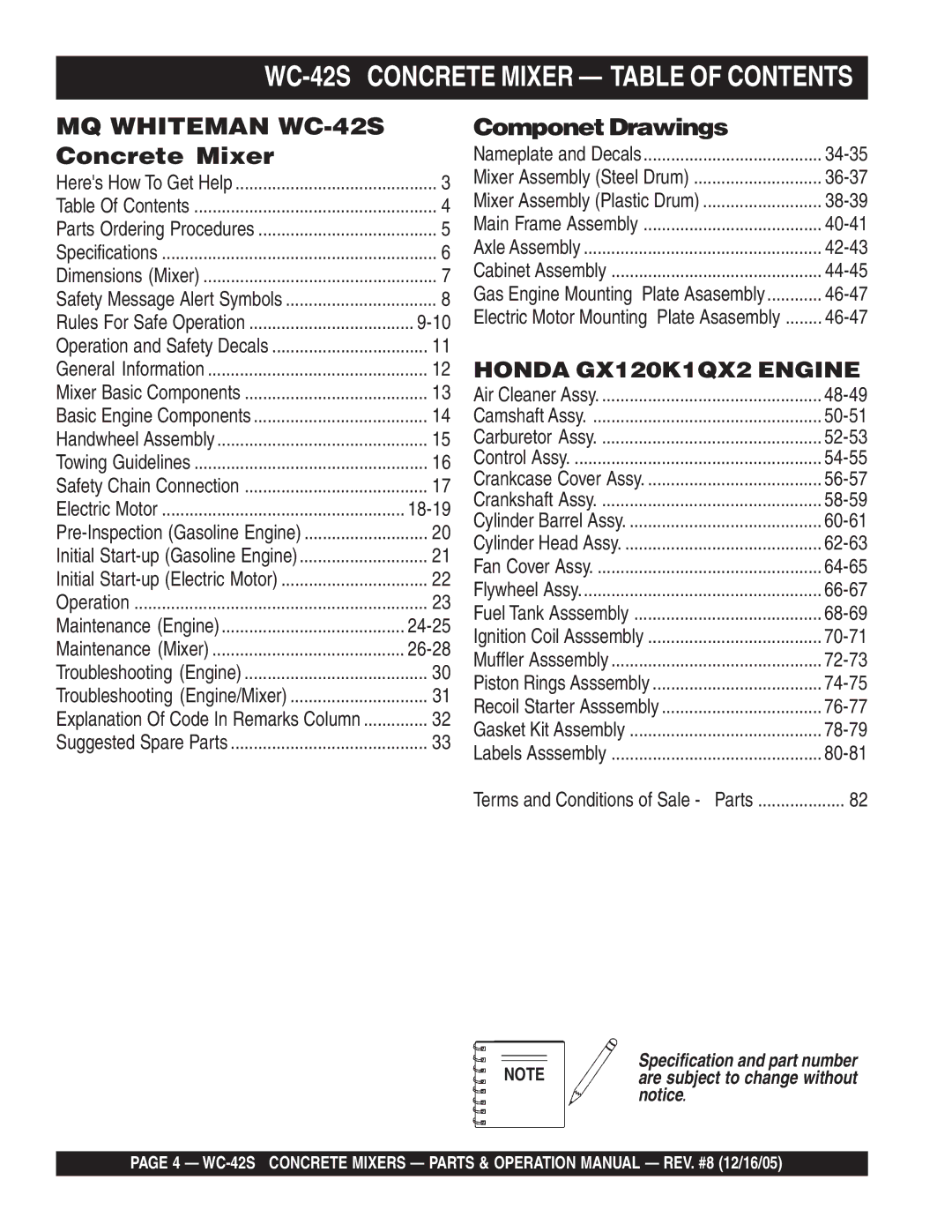 Multiquip manual WC-42S Concrete Mixer Table of Contents 