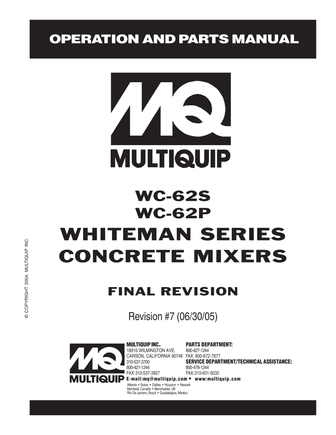 Multiquip WC-62P, WC-62S manual Whiteman Series Concrete Mixers 