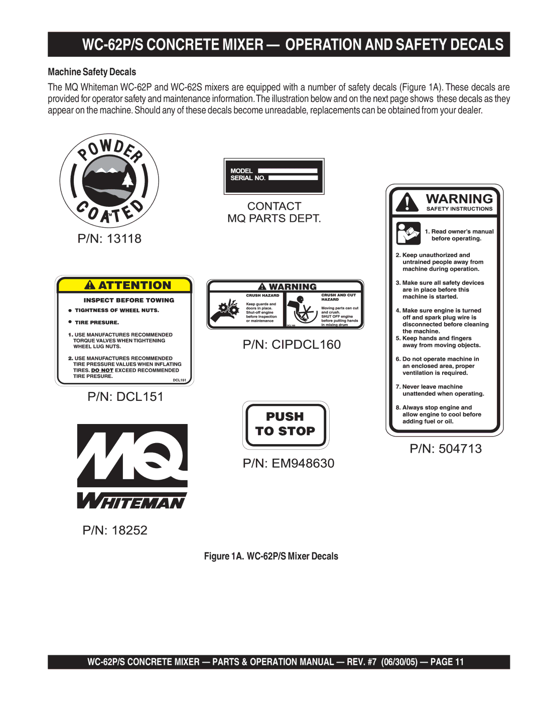 Multiquip WC-62S manual WC-62P/S Concrete Mixer Operation and Safety Decals, Machine Safety Decals 